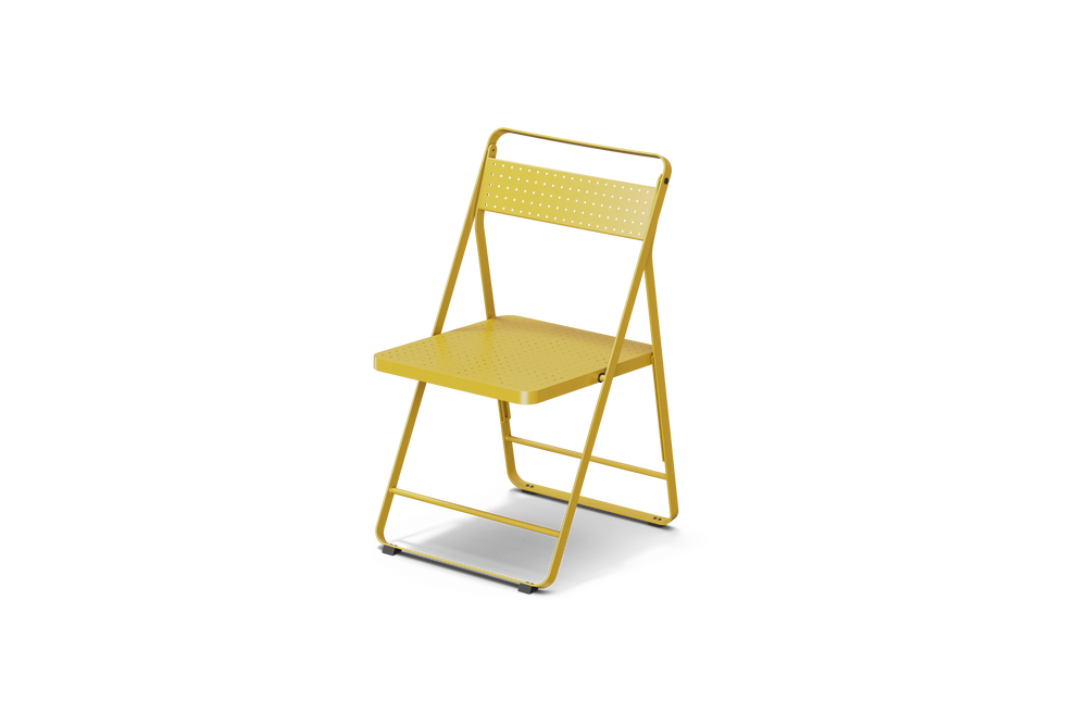 Neighbor Take Two Bistro Chair, an all-metal folding chair with perforated steel seat and backrest in bright yellow, three-quarter angle view.