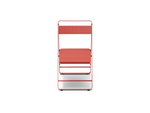 Neighbor Take Two Bistro Chair, an all-metal folding chair with perforated steel seat and backrest in coral red, front view.