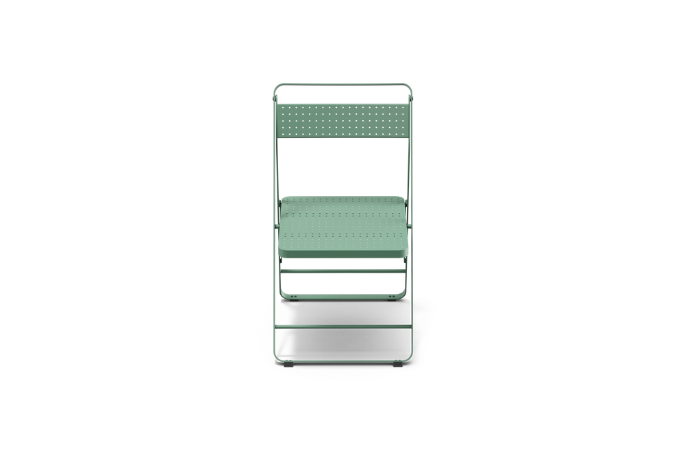 Neighbor Take Two Bistro Chair, an all-metal folding chair with perforated steel seat and backrest in juniper green-blue, front view.