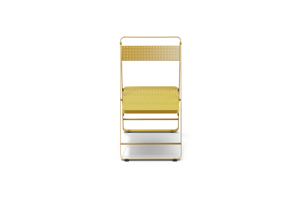 Neighbor Take Two Bistro Chair, an all-metal folding chair with perforated steel seat and backrest in bright yellow, front view.