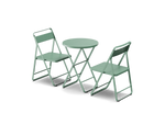 Neighbor Take Two Bistro Set with two perforated-steel folding bistro chairs and a matching round folding bistro table in juniper green-blue, three-quarter angle view.