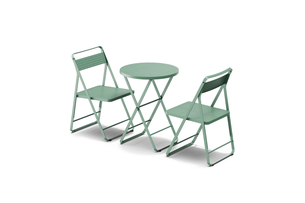 Neighbor Take Two Bistro Set with two perforated-steel folding bistro chairs and a matching round folding bistro table in juniper green-blue, three-quarter angle view.