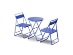 Neighbor Take Two Bistro Set with two perforated-steel folding bistro chairs and a matching round folding bistro table in ultramarine blue, three-quarter angle view.