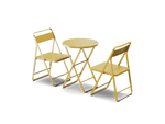 Neighbor Take Two Bistro Set with two perforated-steel folding bistro chairs and a matching round folding bistro table in bright yellow, three-quarter angle view.