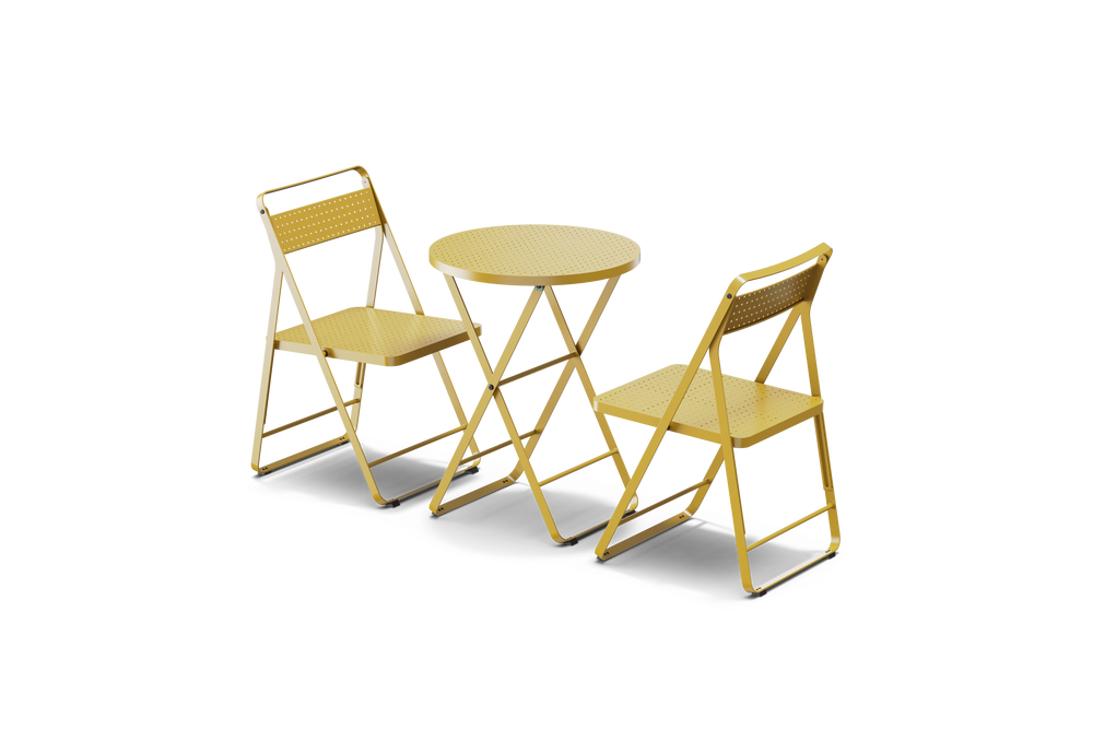 Neighbor Take Two Bistro Set with two perforated-steel folding bistro chairs and a matching round folding bistro table in bright yellow, three-quarter angle view.