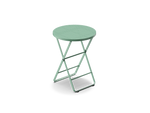 Neighbor Take Two Bistro Table, a small round folding outdoor side table with a perforated steel top in juniper green-blue, three-quarter angle view.