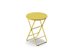 Neighbor Take Two Bistro Table, a small round folding outdoor side table with a perforated steel top in bright yellow, three-quarter angle view.