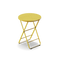 Neighbor Take Two Bistro Table, a small round folding outdoor side table with a perforated steel top in bright yellow, three-quarter angle view.