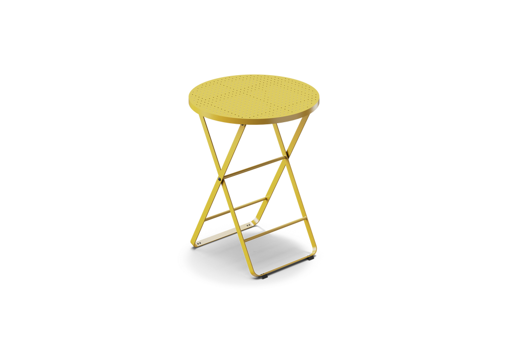 Neighbor Take Two Bistro Table, a small round folding outdoor side table with a perforated steel top in bright yellow, three-quarter angle view.