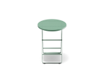 Neighbor Take Two Bistro Table, a small round folding outdoor side table with a perforated steel top in juniper green-blue, front view.
