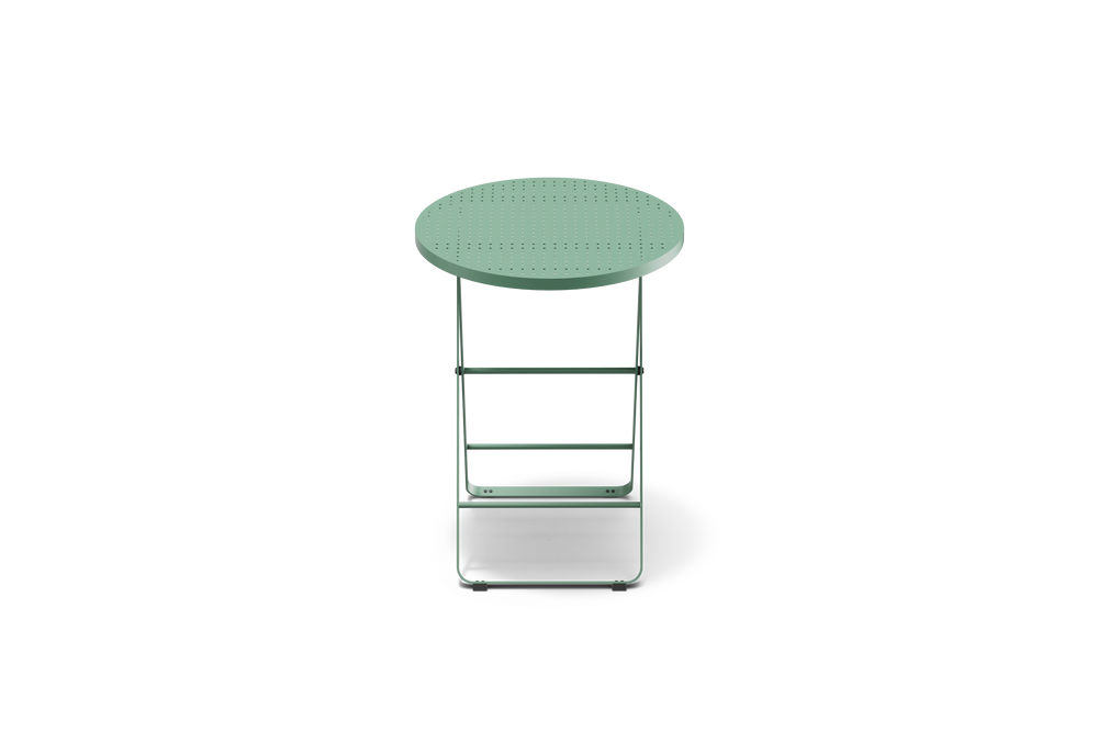 Neighbor Take Two Bistro Table, a small round folding outdoor side table with a perforated steel top in juniper green-blue, front view.