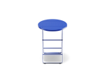 Neighbor Take Two Bistro Table, a small round folding outdoor side table with a perforated steel top in ultramarine blue, front view.
