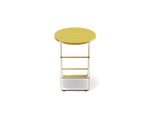 Neighbor Take Two Bistro Table, a small round folding outdoor side table with a perforated steel top in bright yellow, front view.