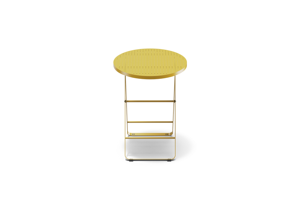 Neighbor Take Two Bistro Table, a small round folding outdoor side table with a perforated steel top in bright yellow, front view.