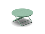 Neighbor Take Two Coffee Table, a round folding outdoor coffee table with a perforated steel top in juniper green-blue, three-quarter angle view.