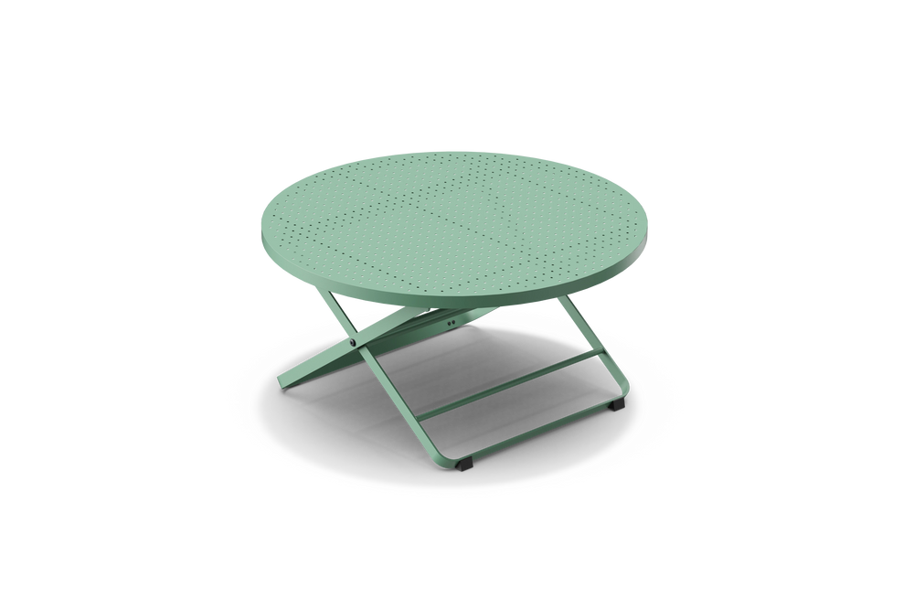 Neighbor Take Two Coffee Table, a round folding outdoor coffee table with a perforated steel top in juniper green-blue, three-quarter angle view.
