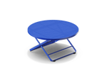 Neighbor Take Two Coffee Table, a round folding outdoor coffee table with a perforated steel top in ultramarine blue, three-quarter angle view.