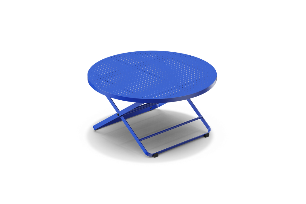 Neighbor Take Two Coffee Table, a round folding outdoor coffee table with a perforated steel top in ultramarine blue, three-quarter angle view.