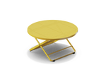 Neighbor Take Two Coffee Table, a round folding outdoor coffee table with a perforated steel top in bright yellow, three-quarter angle view.