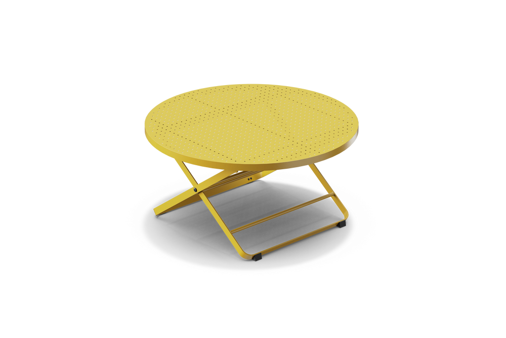 Neighbor Take Two Coffee Table, a round folding outdoor coffee table with a perforated steel top in bright yellow, three-quarter angle view.