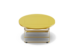 Neighbor Take Two Coffee Table, a round folding outdoor coffee table with a perforated steel top in bright yellow, front view.