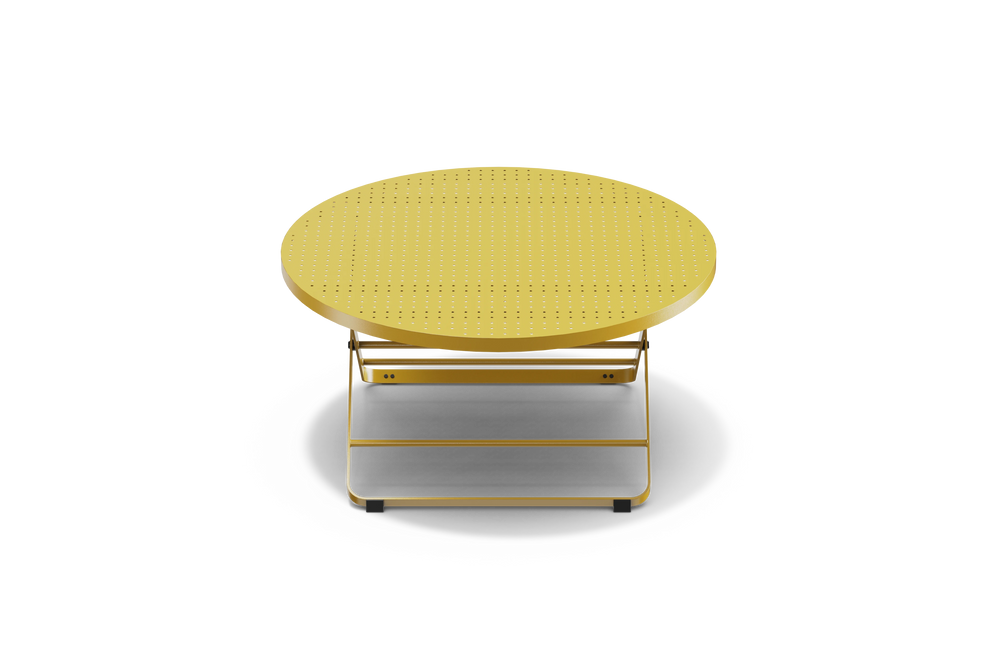 Neighbor Take Two Coffee Table, a round folding outdoor coffee table with a perforated steel top in bright yellow, front view.