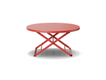 Neighbor Take Two Coffee Table, a round folding outdoor coffee table with a perforated steel top in coral red, side profile view.