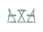 Neighbor Take Two Dining Set with two folding chairs and a matching round folding table in juniper green-blue, side profile view.