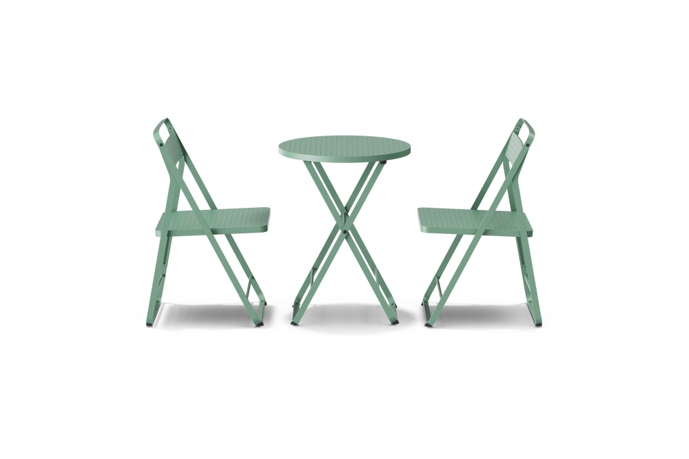 Neighbor Take Two Dining Set with two folding chairs and a matching round folding table in juniper green-blue, side profile view.