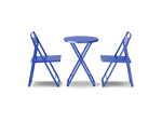 Neighbor Take Two Dining Set with two folding chairs and a matching round folding table in ultramarine blue, side profile view.