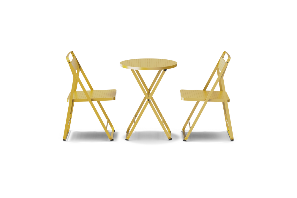 Neighbor Take Two Dining Set with two folding chairs and a matching round folding table in bright yellow, side profile view.