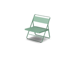 Neighbor Take Two Lounge Chair, a low-slung folding chair with perforated steel seat and backrest in juniper green-blue, three-quarter angle view.