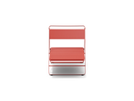 Neighbor Take Two Lounge Chair, a low-slung folding chair with perforated steel seat and backrest in coral red, front view.