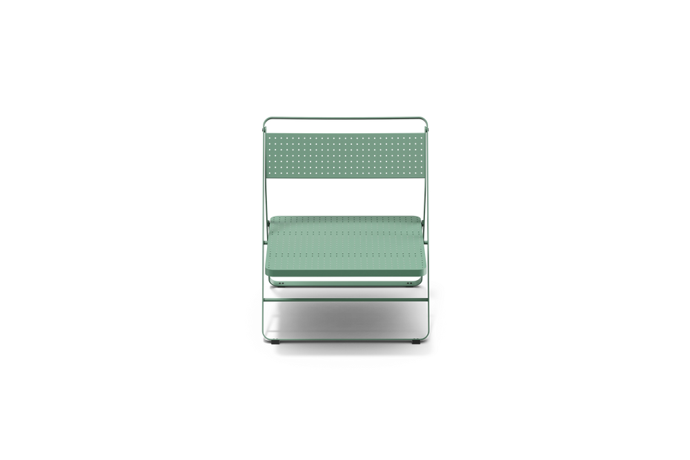 Neighbor Take Two Lounge Chair, a low-slung folding chair with perforated steel seat and backrest in juniper green-blue, front view.
