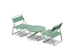 Neighbor Take Two Lounge Set with two perforated-steel folding lounge chairs and a matching round folding coffee table in juniper green-blue, three-quarter angle view.