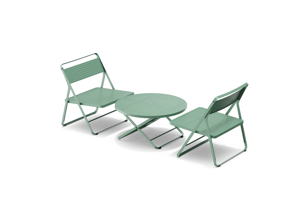 Neighbor Take Two Lounge Set with two perforated-steel folding lounge chairs and a matching round folding coffee table in juniper green-blue, three-quarter angle view.