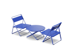 Neighbor Take Two Lounge Set with two perforated-steel folding lounge chairs and a matching round folding coffee table in ultramarine blue, three-quarter angle view.