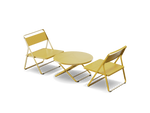 Neighbor Take Two Lounge Set with two perforated-steel folding lounge chairs and a matching round folding coffee table in bright yellow, three-quarter angle view.