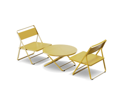 Neighbor Take Two Lounge Set with two perforated-steel folding lounge chairs and a matching round folding coffee table in bright yellow, three-quarter angle view.