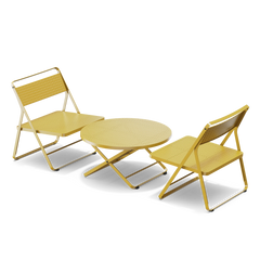Neighbor Take Two Lounge Set with two perforated-steel folding lounge chairs and a matching round folding coffee table in bright yellow, three-quarter angle view.