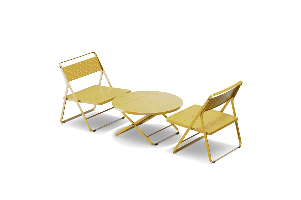 Neighbor Take Two Lounge Set with two perforated-steel folding lounge chairs and a matching round folding coffee table in bright yellow, three-quarter angle view.