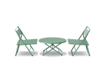 Neighbor Take Two Lounge Set with two perforated-steel folding lounge chairs and a matching round folding coffee table in juniper green-blue, side profile view.