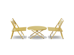 Neighbor Take Two Lounge Set with two perforated-steel folding lounge chairs and a matching round folding coffee table in bright yellow, side profile view.