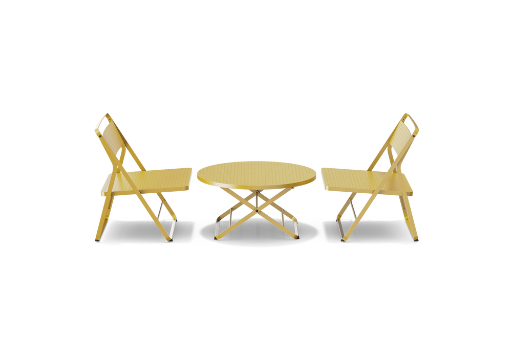 Neighbor Take Two Lounge Set with two perforated-steel folding lounge chairs and a matching round folding coffee table in bright yellow, side profile view.
