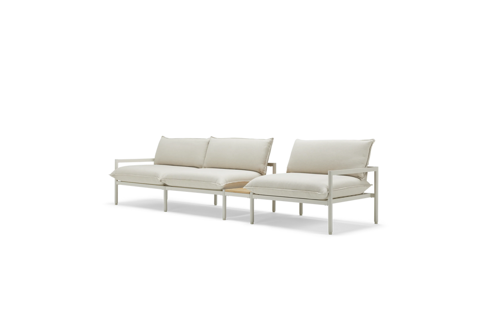 Terra Sofa with small In-line Table, in Putty, three-quarter view