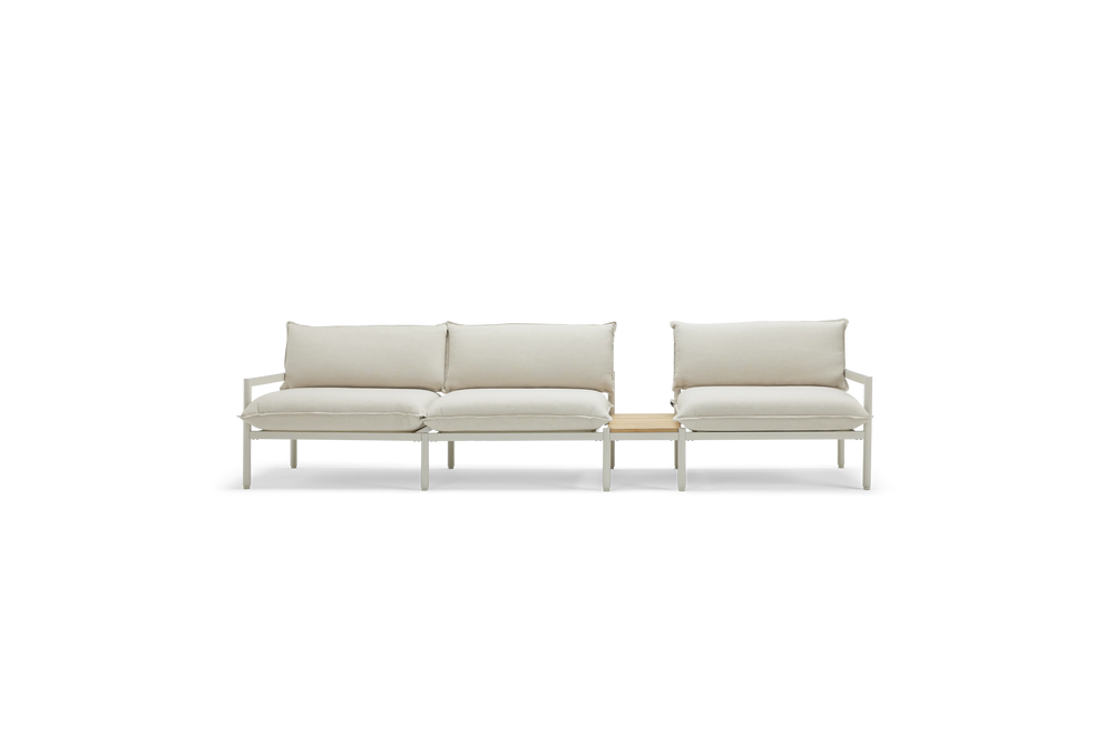Terra Sofa with small In-line Table, in Putty, front view