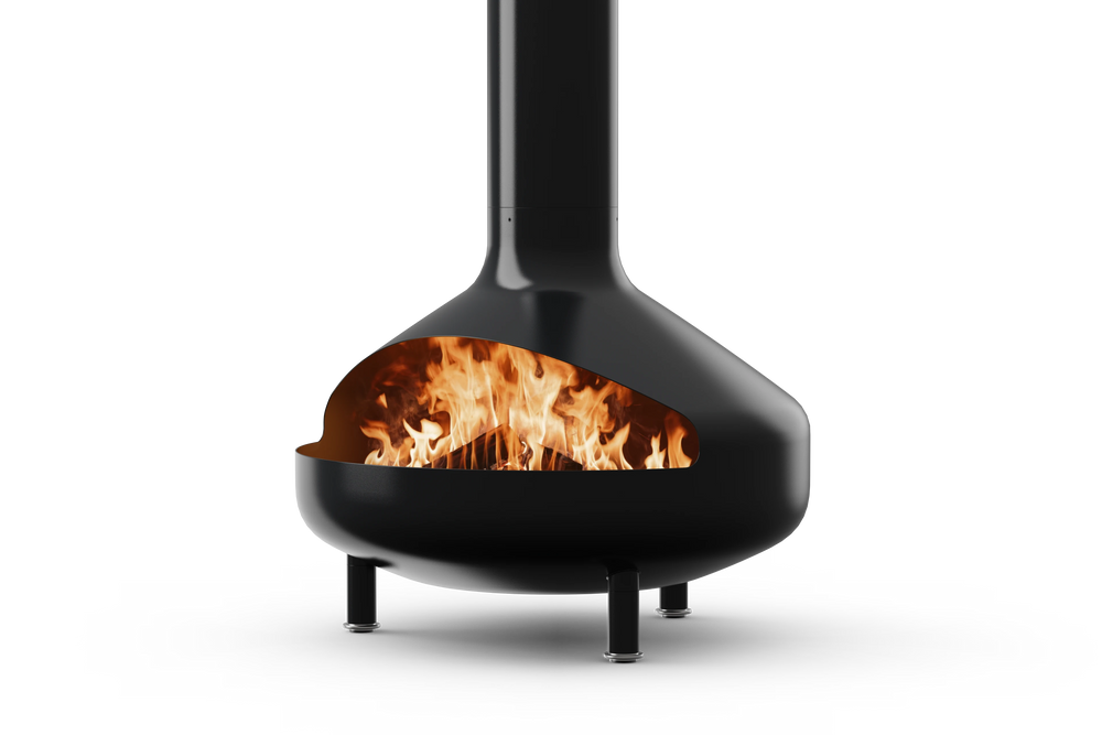 Neighbor Totem Chiminea, a sculptural enameled-steel outdoor fireplace with a rounded firebox and tall chimney on tripod legs in black enamel finish, three-quarter angle with logs burning inside the firebox.