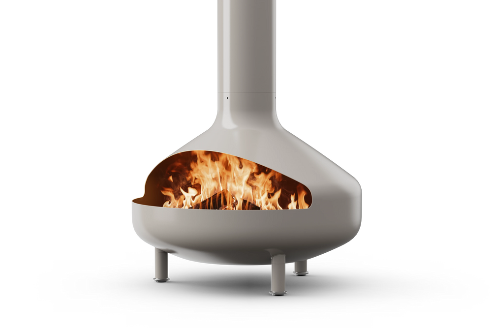 Neighbor Totem Chiminea, a sculptural enameled-steel outdoor fireplace with a rounded firebox and tall chimney on tripod legs in mushroom greige enamel finish, three-quarter angle with logs burning inside the firebox.