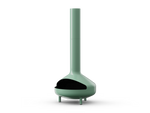 Neighbor Totem Chiminea, a sculptural enameled-steel outdoor fireplace with a rounded firebox and tall chimney on tripod legs in agave sage green enamel finish, three-quarter angle view.