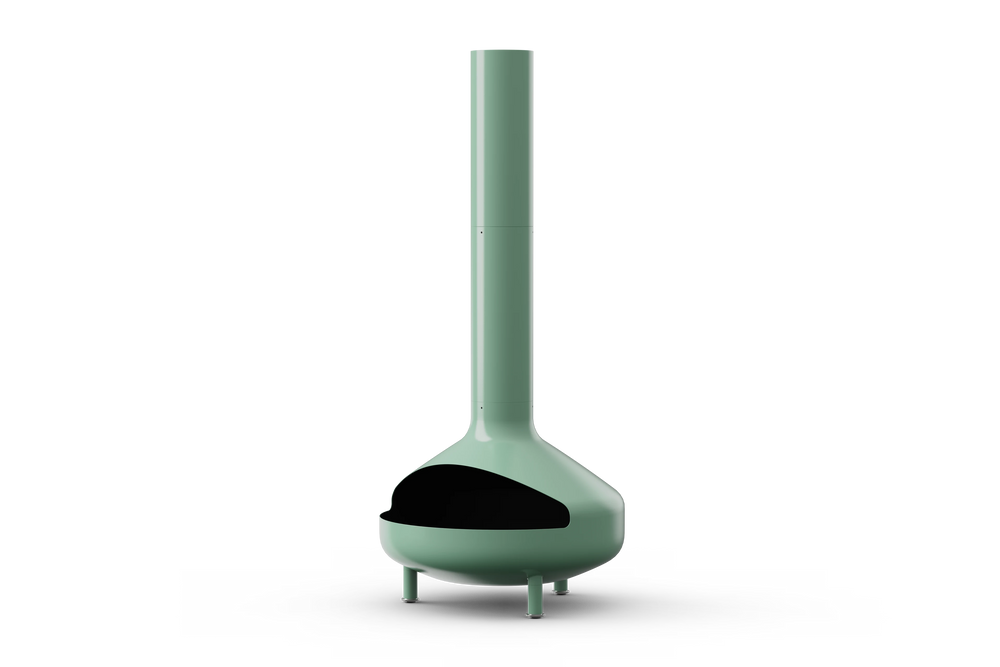 Neighbor Totem Chiminea, a sculptural enameled-steel outdoor fireplace with a rounded firebox and tall chimney on tripod legs in agave sage green enamel finish, three-quarter angle view.
